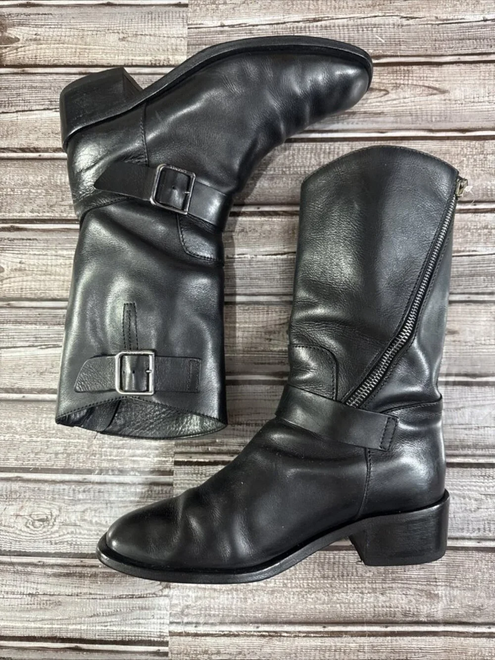 CHANEL Leather Double Buckle Zipper Detail Biker Boots Size 37 EU 7 US